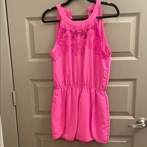 Blue Rain Pink Sleeveless Romper with Floral Embellishments